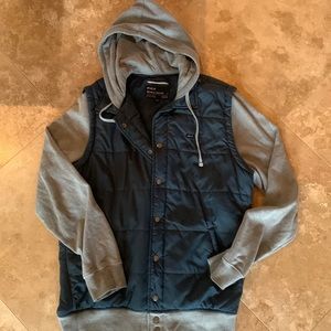 Men’s RVCA hooded jacket, lightweight, blue and grey.